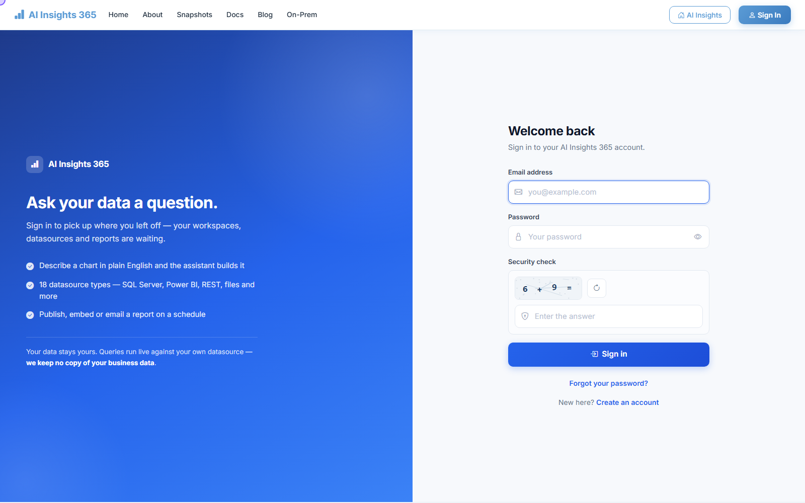 The AI Insights 365 sign-in screen with email, password and a security check.