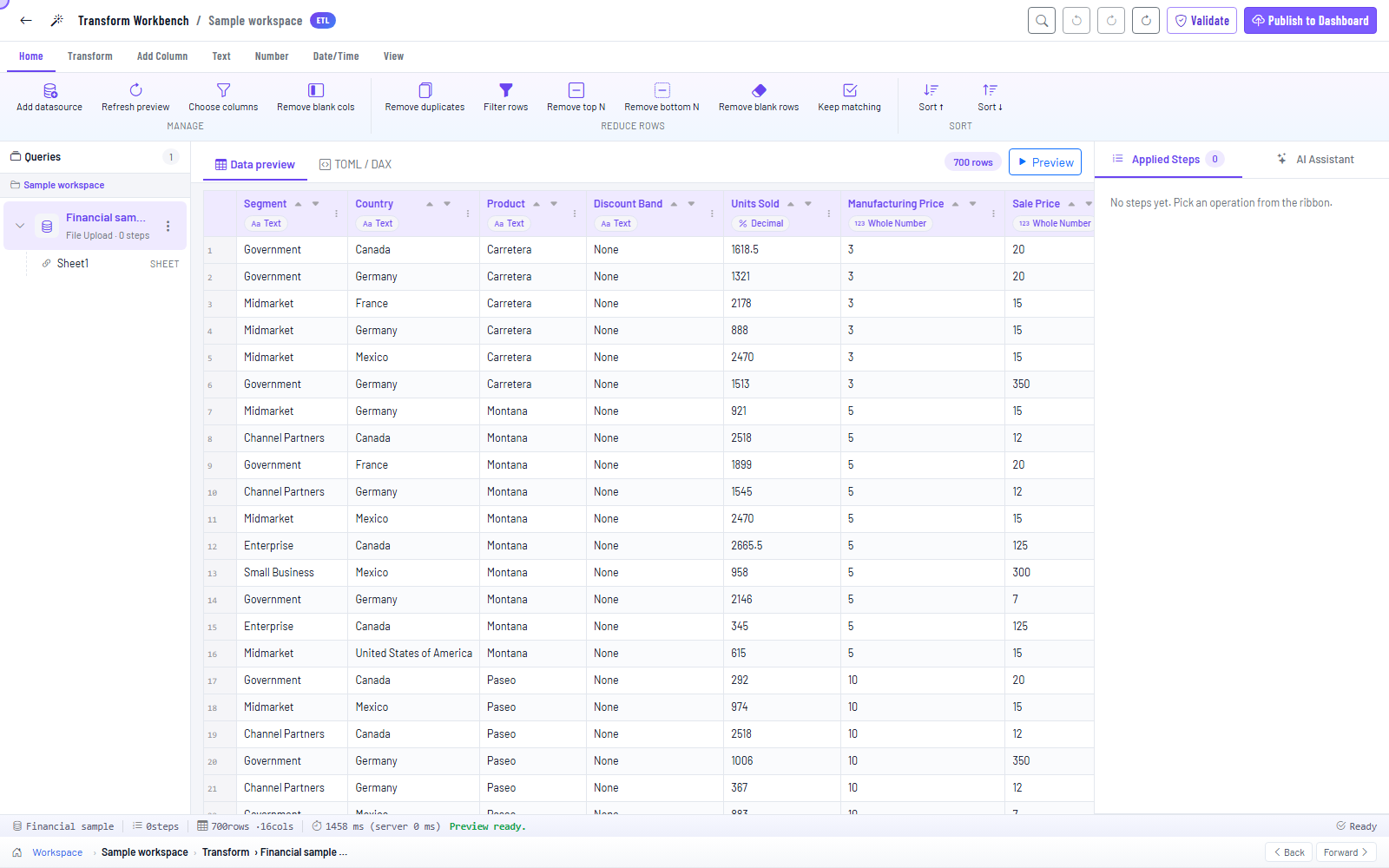 The Transform screen with the data preview and the list of applied steps.