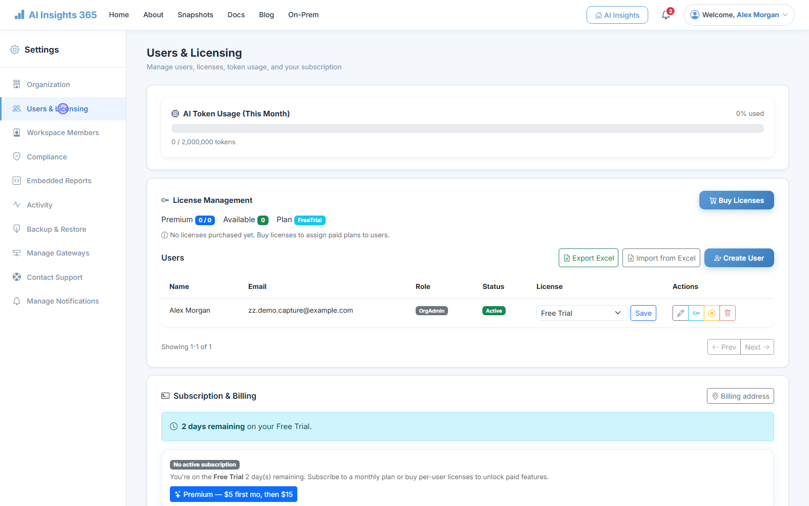 Users and Licensing showing licence counts, the user list and per-user licence assignment.