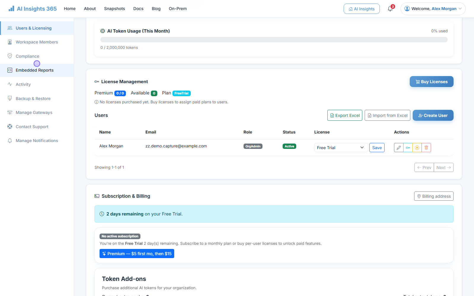 The subscription and billing card showing plan, trial remaining and the Premium option.