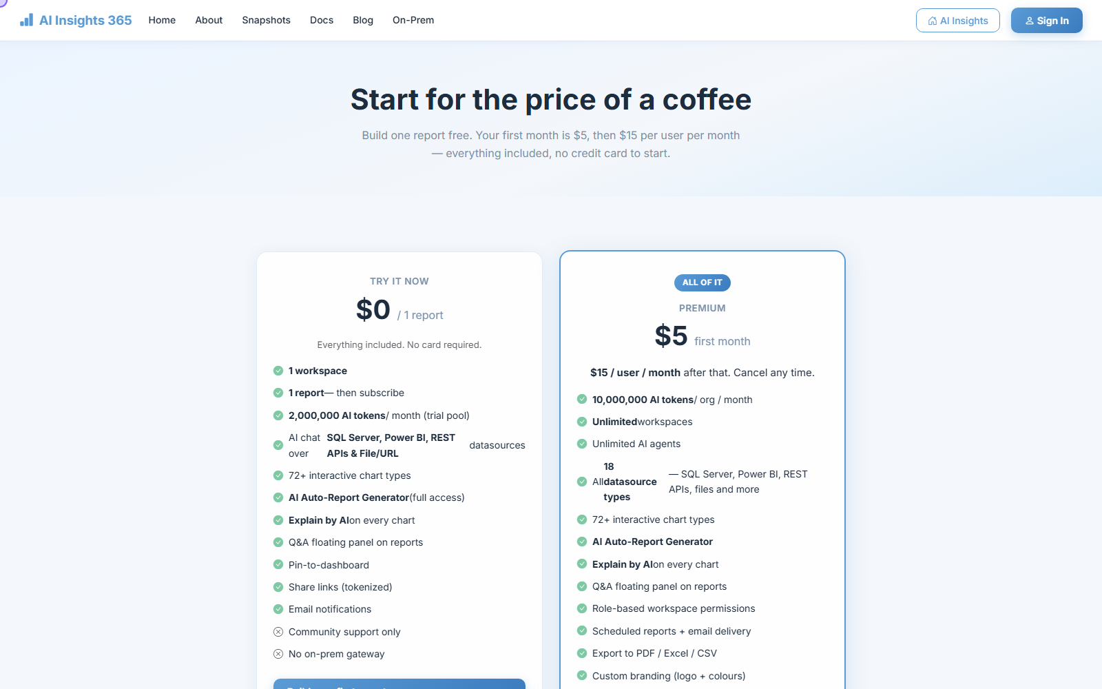 The pricing page comparing the free first report with the Premium plan.