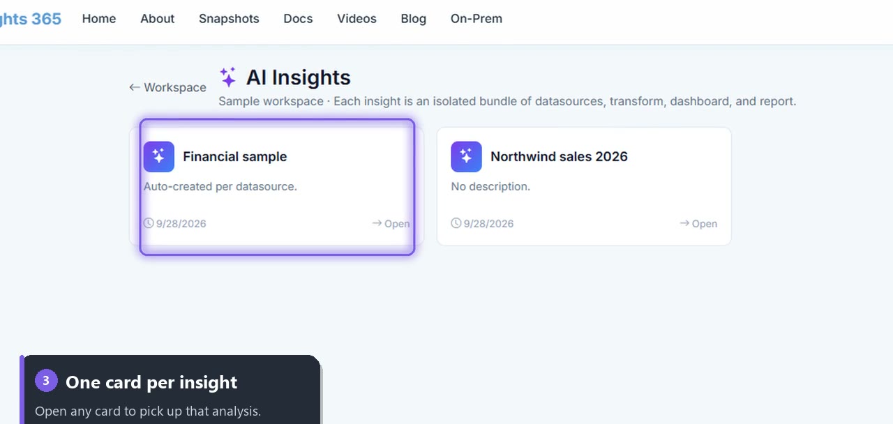 The Financial sample card highlighted: auto-created per datasource