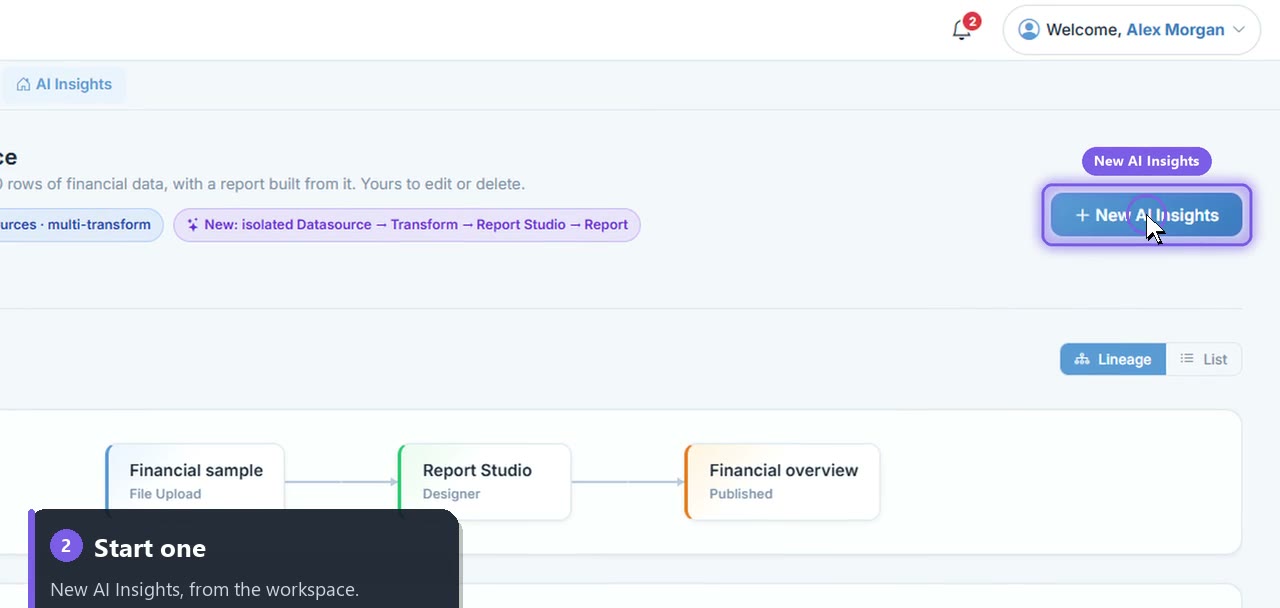 The New AI Insights button in the workspace