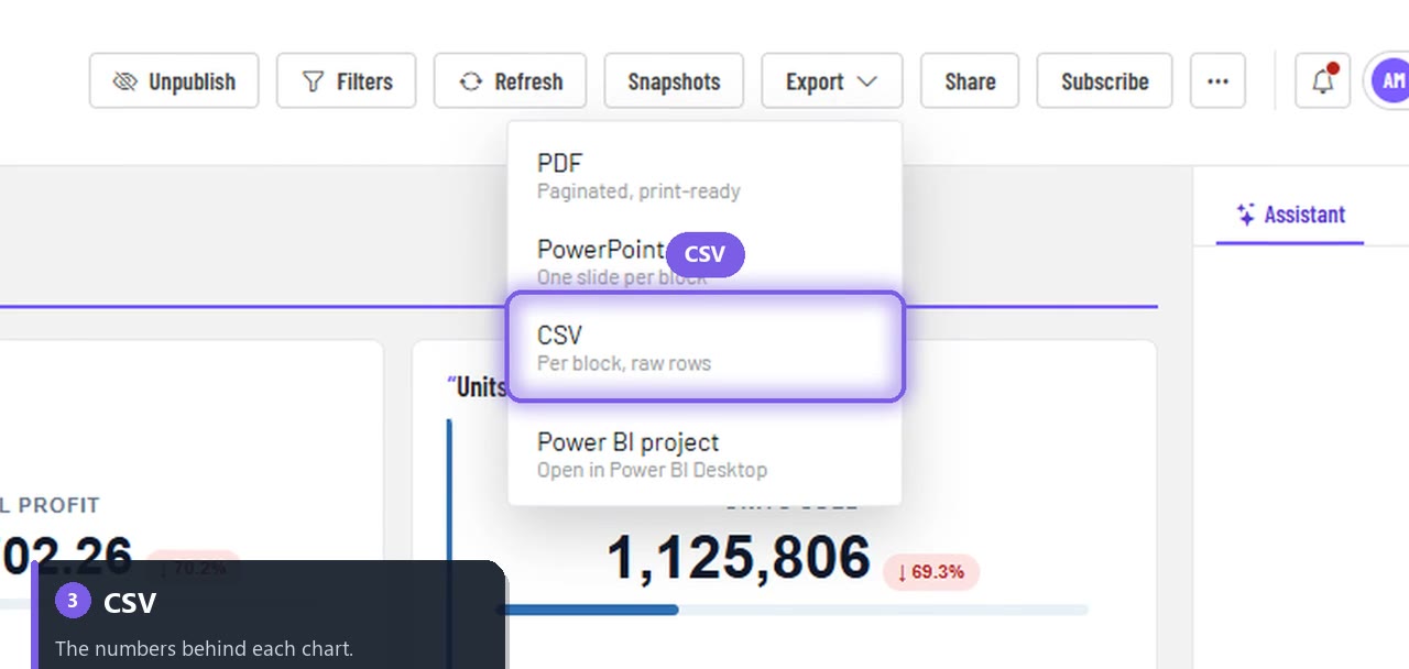 Export menu with CSV highlighted: per block, raw rows