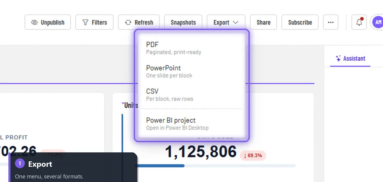 The Export menu in the report toolbar: PDF, PowerPoint, CSV and Power BI project