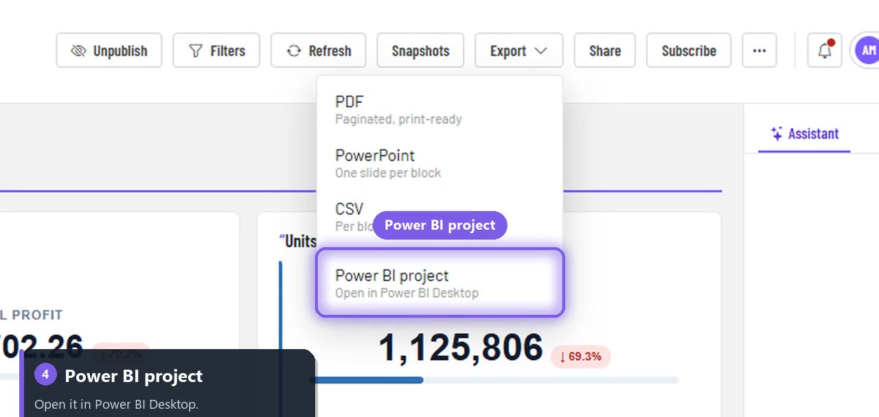 The Export menu with Power BI project highlighted: open in Power BI Desktop