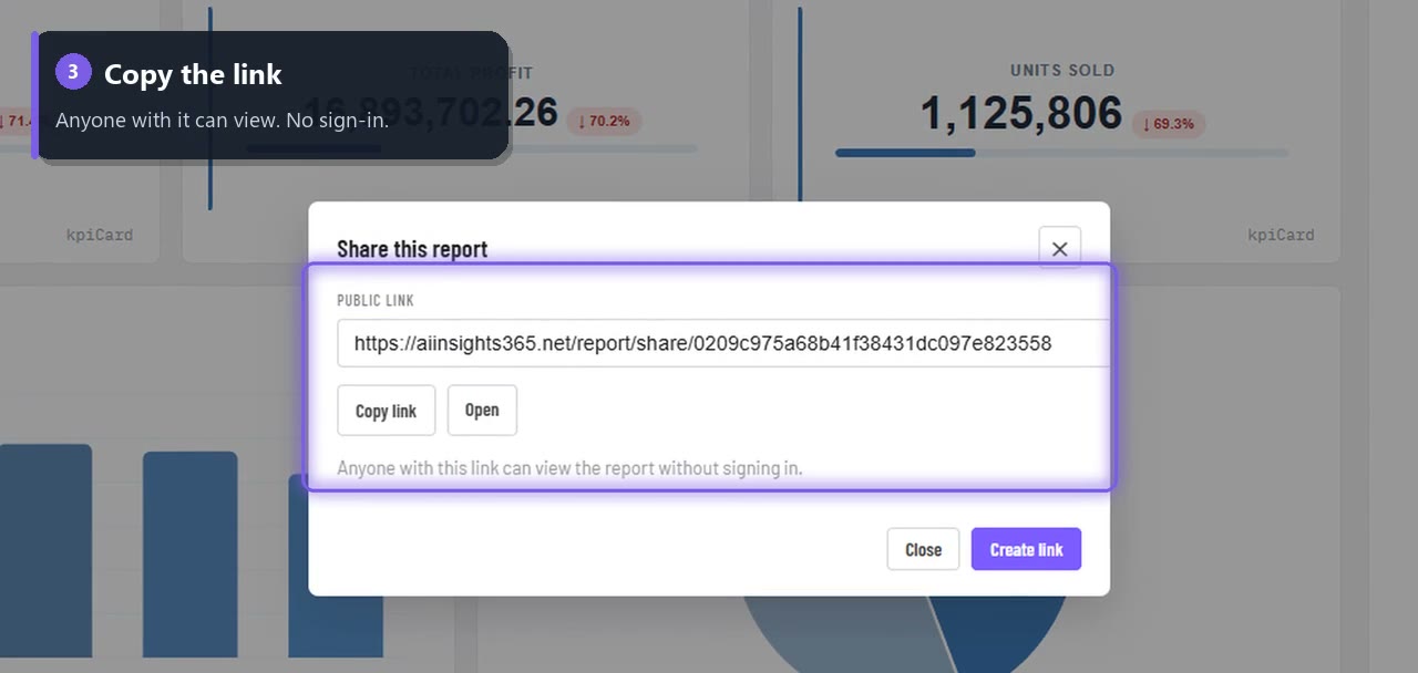 The Share this report dialog with the public link and Copy link button