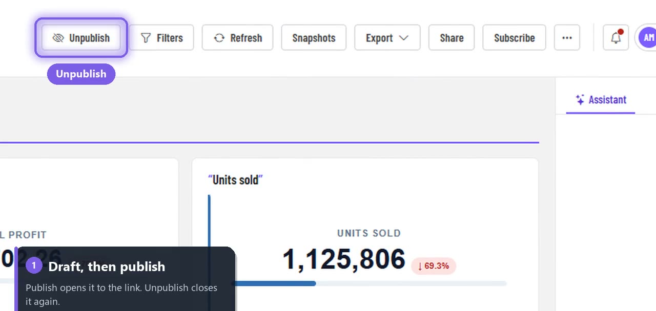 The Unpublish button in the report toolbar