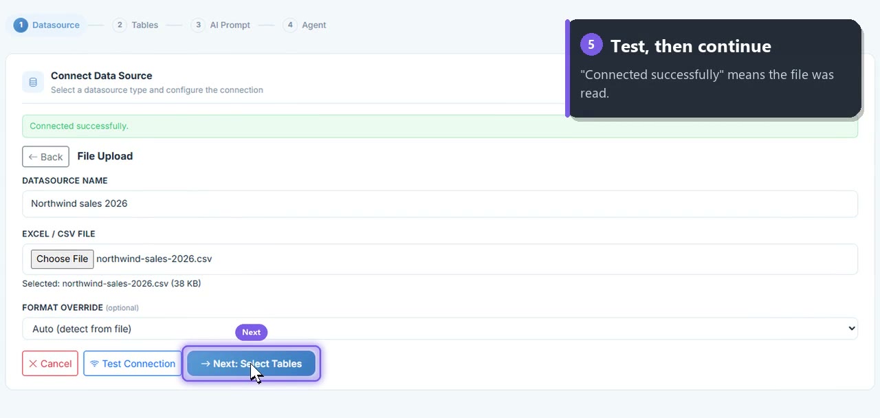 Connected successfully, ready to select tables