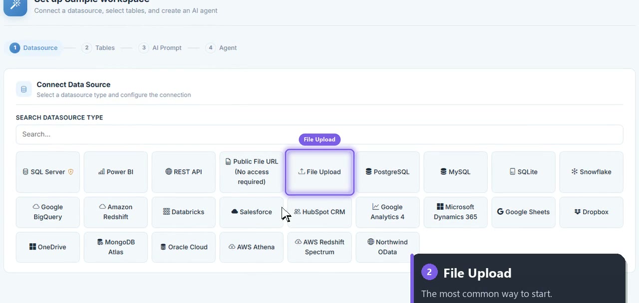 The File Upload tile among the datasource types