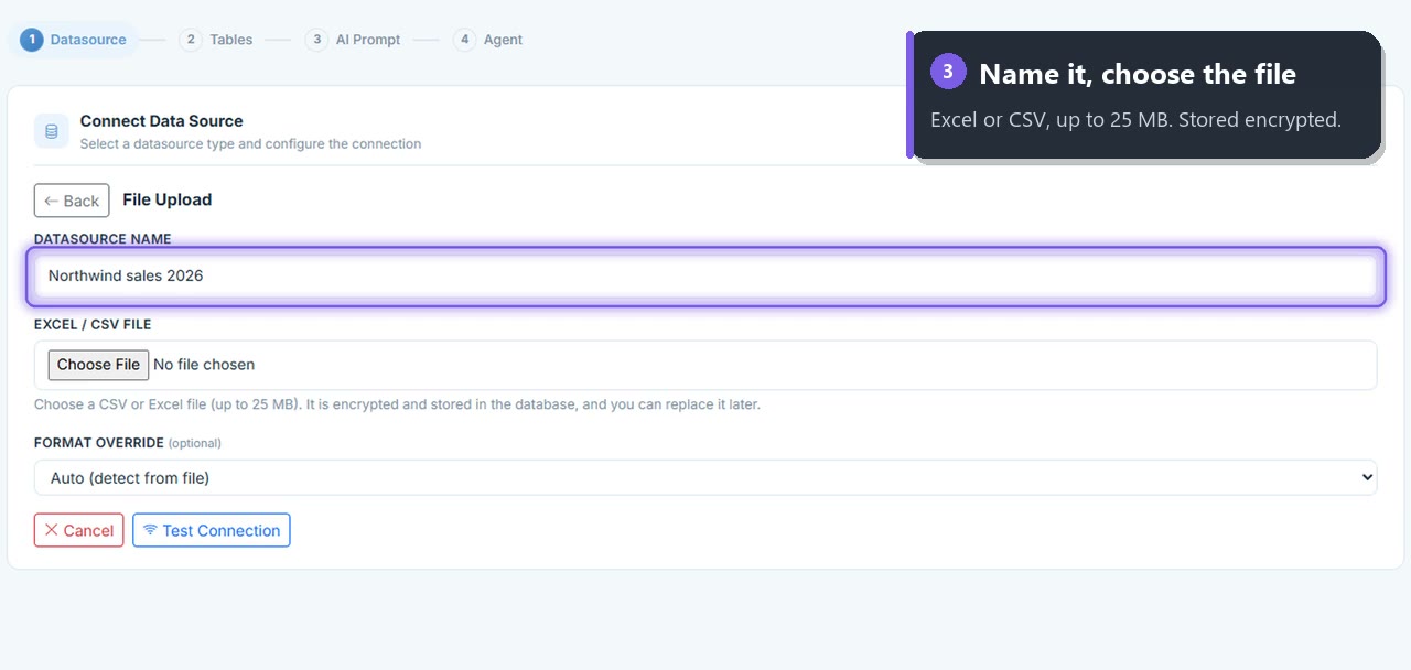 Uploading northwind-sales-2026.csv in the File Upload form